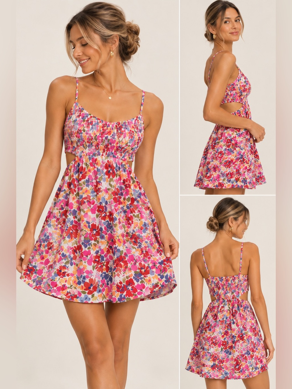 Roxy | Multi Color Floral Smocked Mini Dress - Size Small